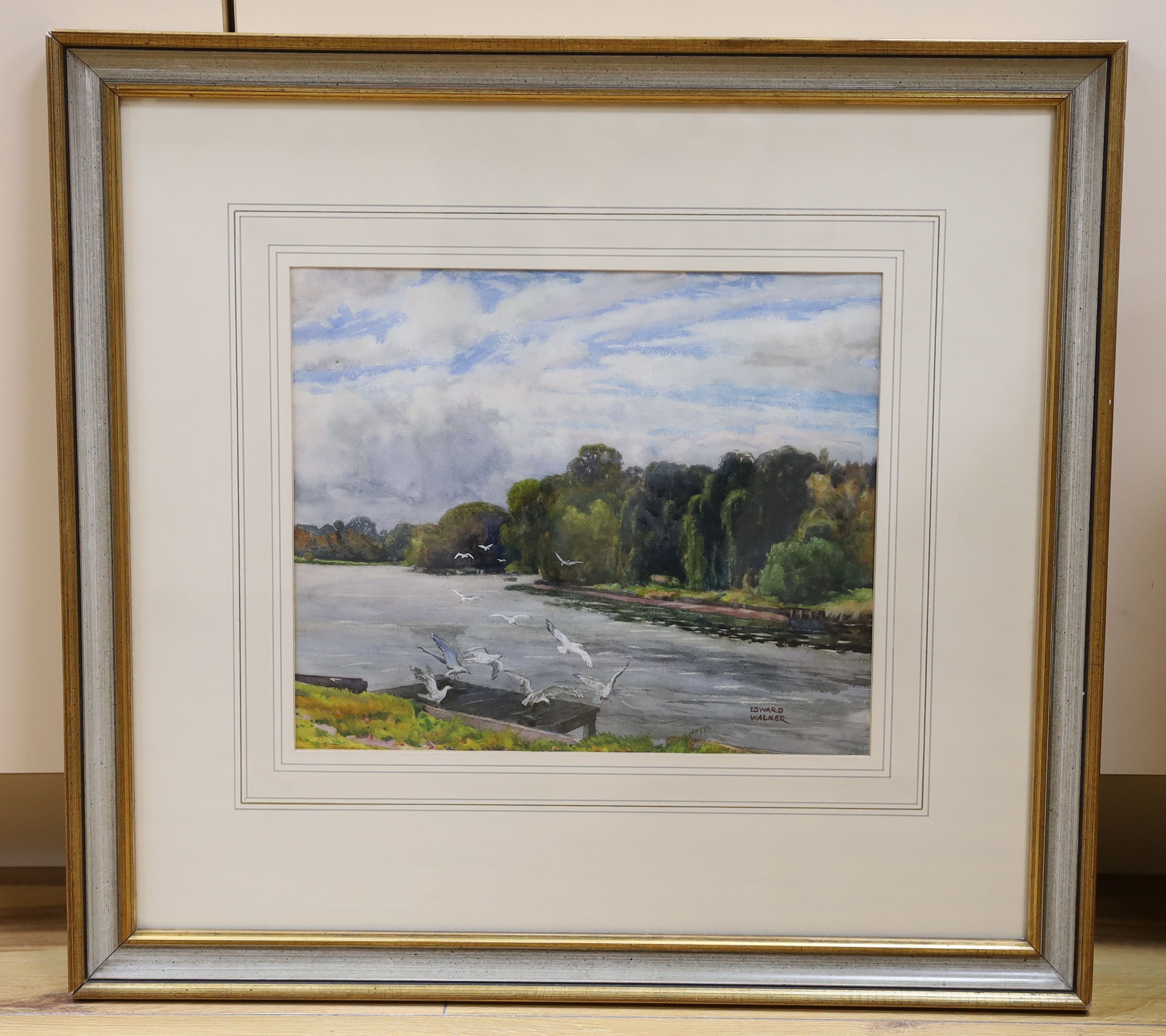 Edward Walker, (1879-1955), watercolour, 'The Thames, near Teddington', signed, Abbot & Holder label verso, 25 x 30cm